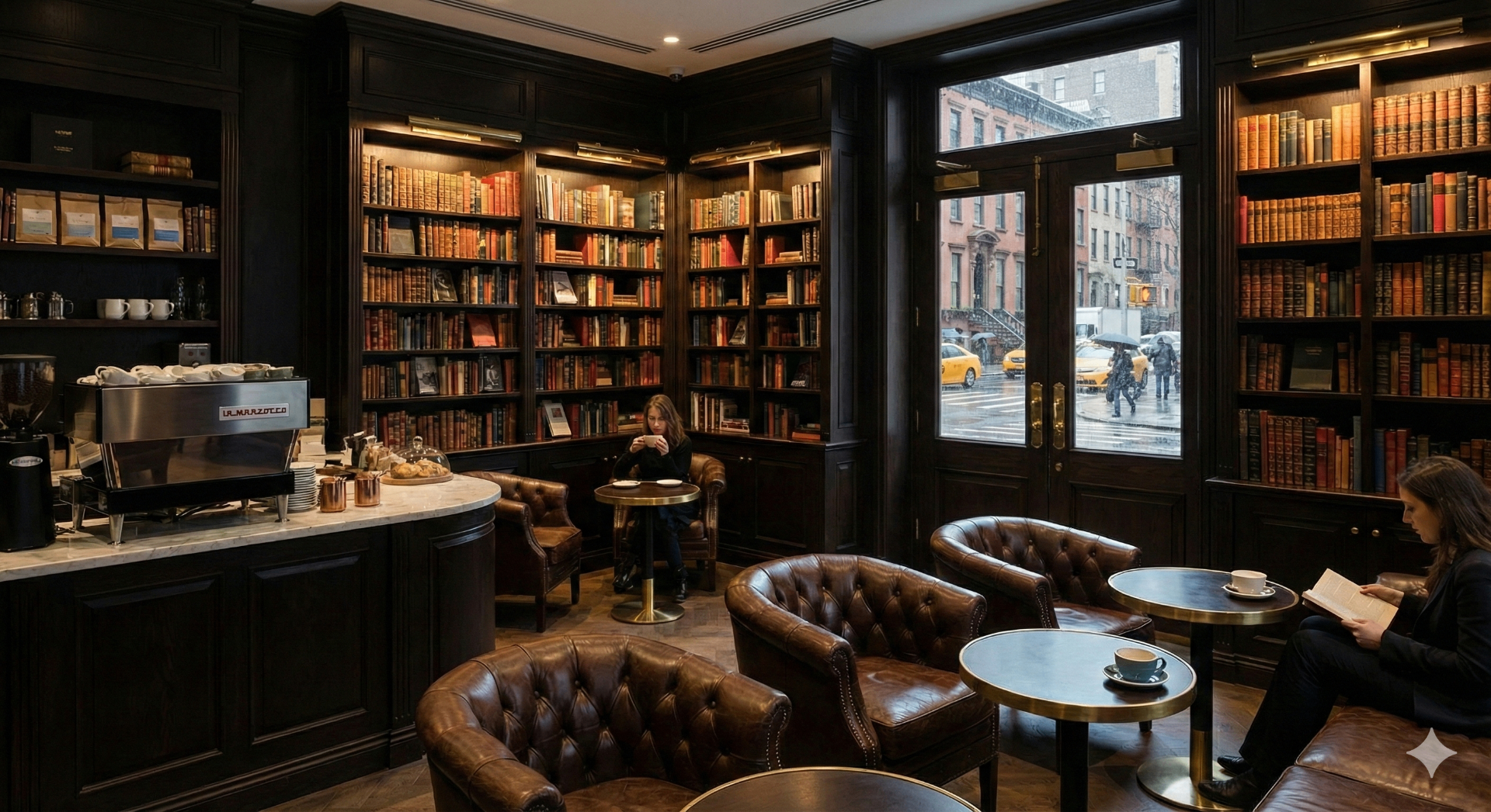 Dark mahogany library with leather club chairs and brass banker lamps